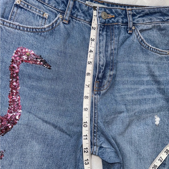 Topshop Flamingo Sequin Moto Mom Jeans Size 30 High Waisted Denim Fun Palm Tree - Picture 12 of 13